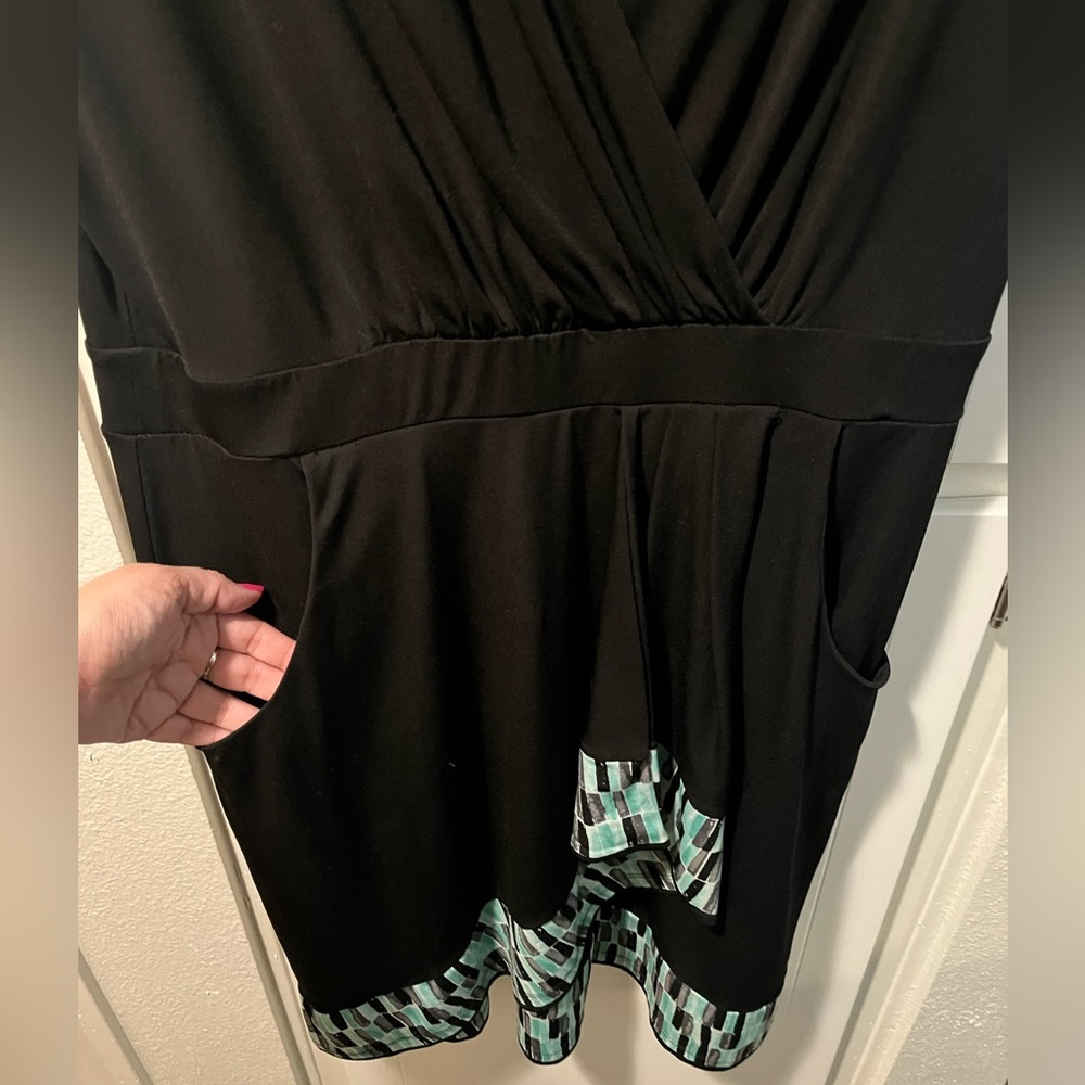 Apt 9 Faux Wrap Dress with Pockets. Trim is black, gray, teal, and white. - Picture 2 of 4